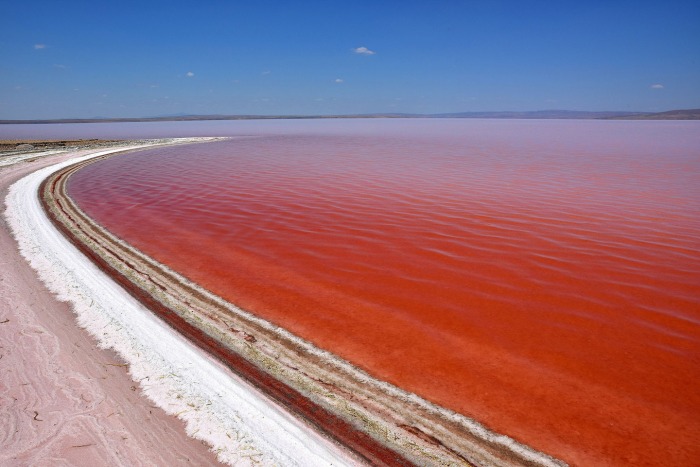 AKSARAY, TURKEY - JULY 16: A view from the "Salt Lake" in Aksaray, Turkey on July 16, 2015. Dunaliella salinas, a type of halophile micro-algae especially found in sea/lake salt fields, colorize a part of the lake this season of the year. (Photo by Murat Oner Tas/Anadolu Agency/Getty Images)